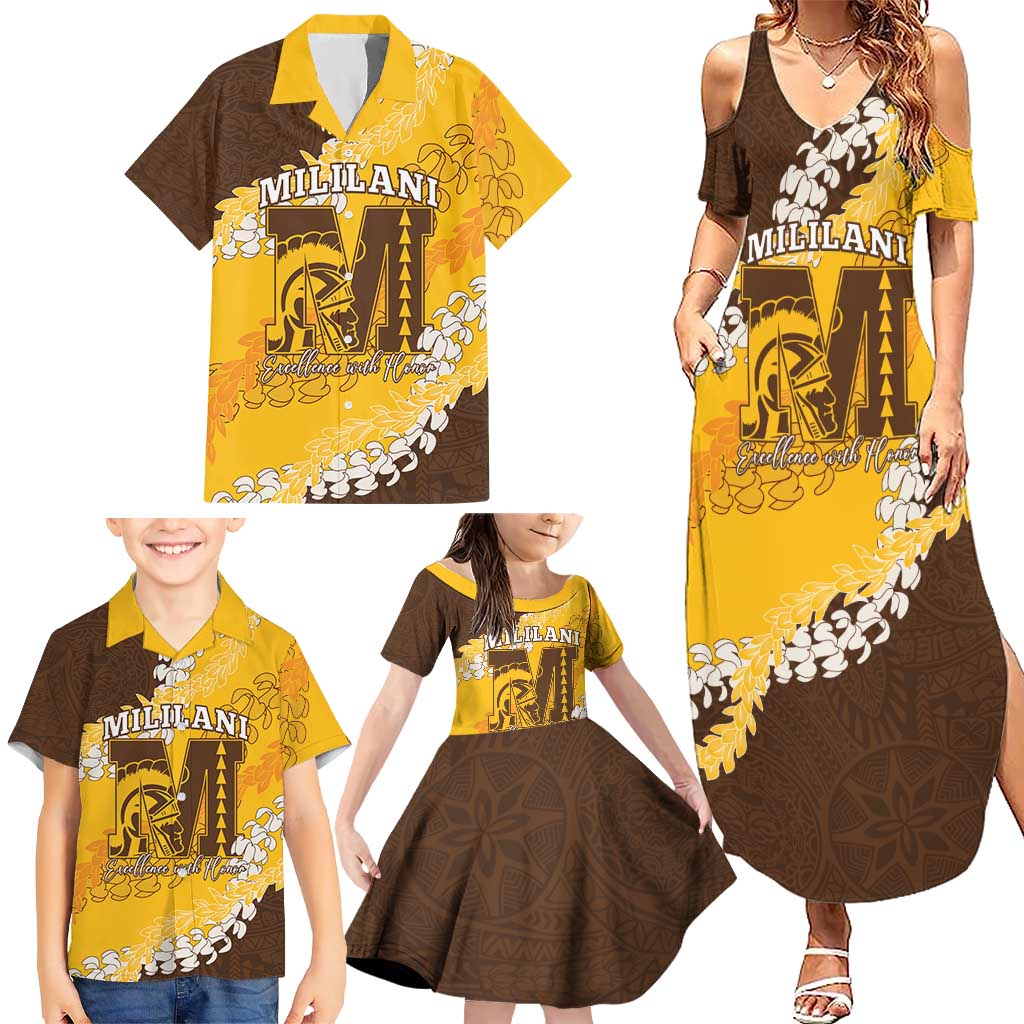 Personalized Mililani Hawaii High School Family Matching Summer Maxi Dress and Hawaiian Shirt Puakenikeni Lei Hawaiian Pattern LT14 - Polynesian Pride