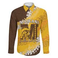 Personalized Mililani Hawaii High School Family Matching Summer Maxi Dress and Hawaiian Shirt Puakenikeni Lei Hawaiian Pattern LT14 Dad's Shirt - Long Sleeve Yellow - Polynesian Pride