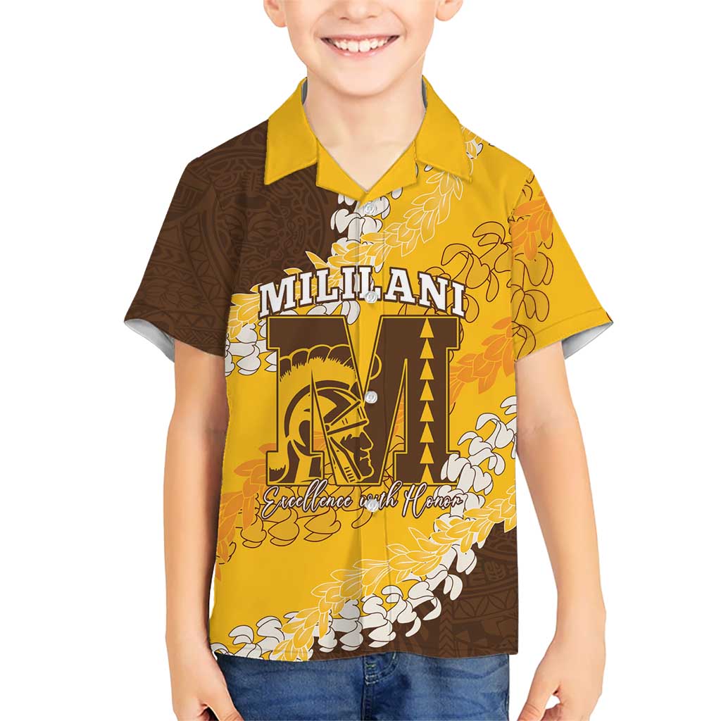 Personalized Mililani Hawaii High School Family Matching Summer Maxi Dress and Hawaiian Shirt Puakenikeni Lei Hawaiian Pattern LT14 Son's Shirt Yellow - Polynesian Pride