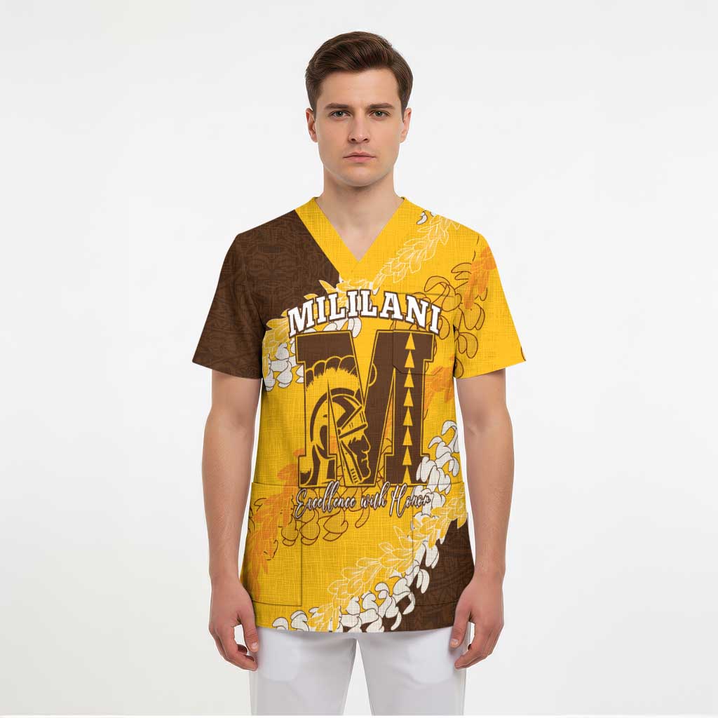 Personalized Mililani Hawaii High School Scrub Top Puakenikeni Lei Hawaiian Pattern - Polynesian Pride