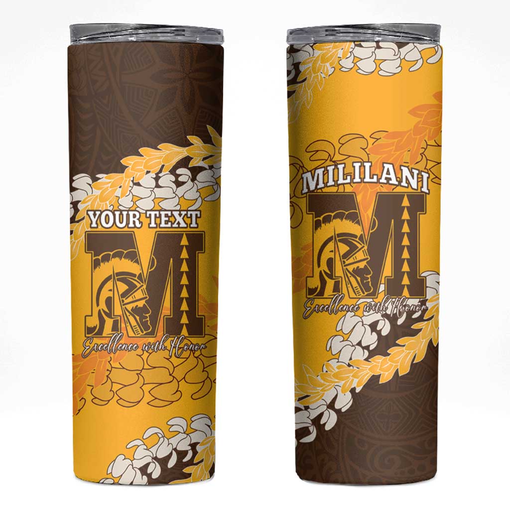 Personalized Mililani Hawaii High School Skinny Tumbler Puakenikeni Lei Hawaiian Pattern - Polynesian Pride