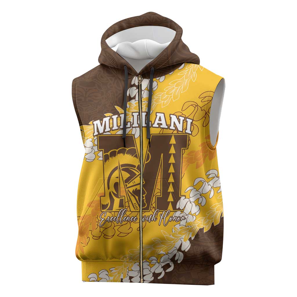 Personalized Mililani Hawaii High School Sleeveless Zip Hoodie Puakenikeni Lei Hawaiian Pattern - Polynesian Pride