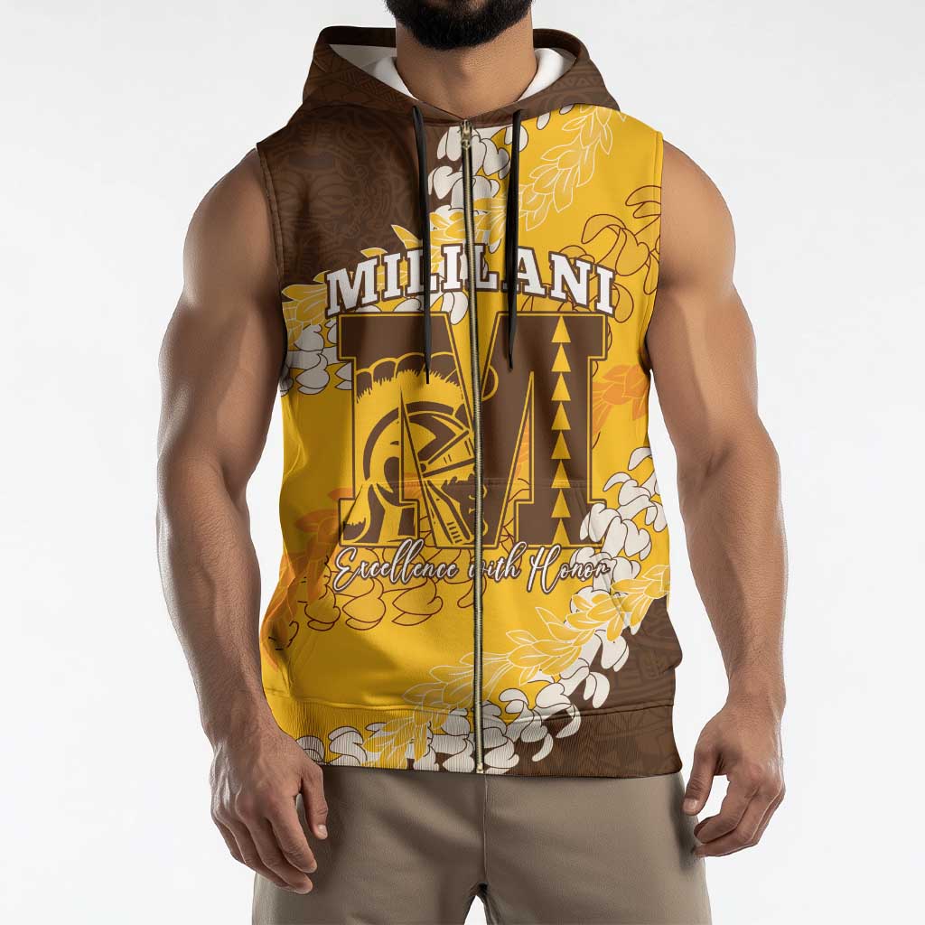 Personalized Mililani Hawaii High School Sleeveless Zip Hoodie Puakenikeni Lei Hawaiian Pattern - Polynesian Pride