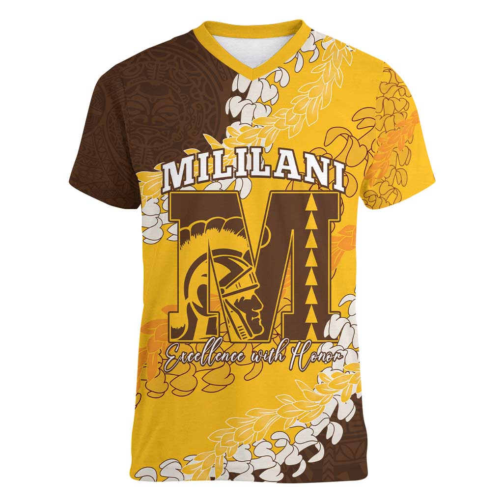 Personalized Mililani Hawaii High School Women V-Neck T-Shirt Puakenikeni Lei Hawaiian Pattern - Polynesian Pride