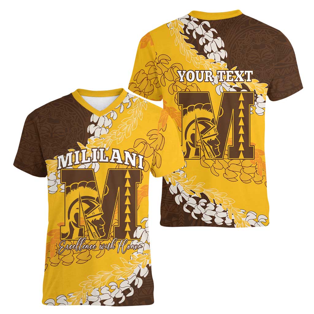 Personalized Mililani Hawaii High School Women V-Neck T-Shirt Puakenikeni Lei Hawaiian Pattern LT14 - Polynesian Pride