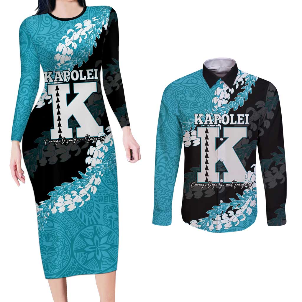 Personalized Kapolei Hawaii High School Couples Matching Long Sleeve Bodycon Dress and Long Sleeve Button Shirt Puakenikeni Lei Hawaiian Pattern - Polynesian Pride