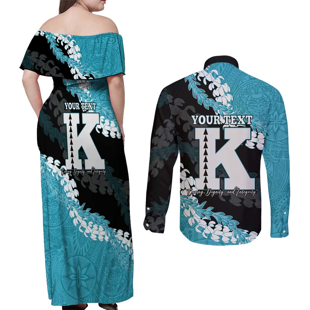 Personalized Kapolei Hawaii High School Couples Matching Off Shoulder Maxi Dress and Long Sleeve Button Shirt Puakenikeni Lei Hawaiian Pattern - Polynesian Pride