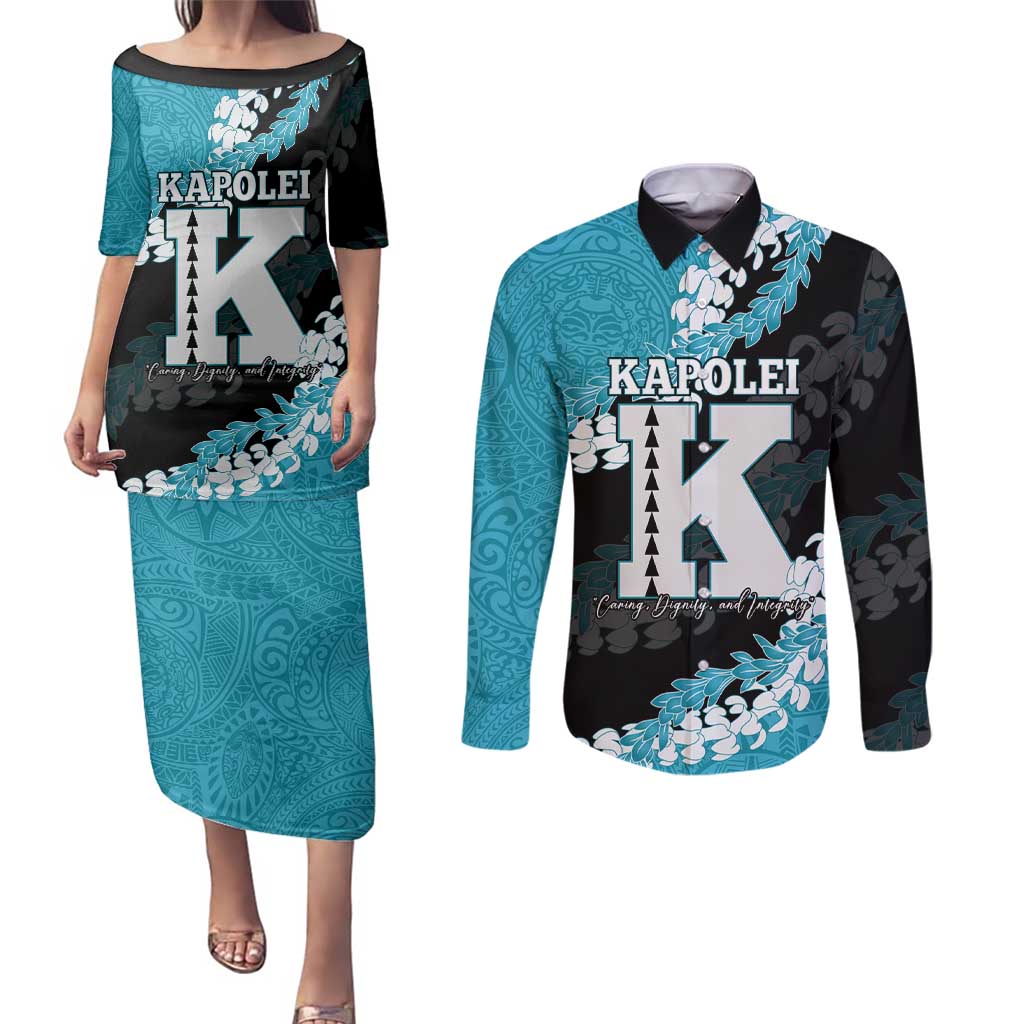 Personalized Kapolei Hawaii High School Couples Matching Puletasi and Long Sleeve Button Shirt Puakenikeni Lei Hawaiian Pattern - Polynesian Pride