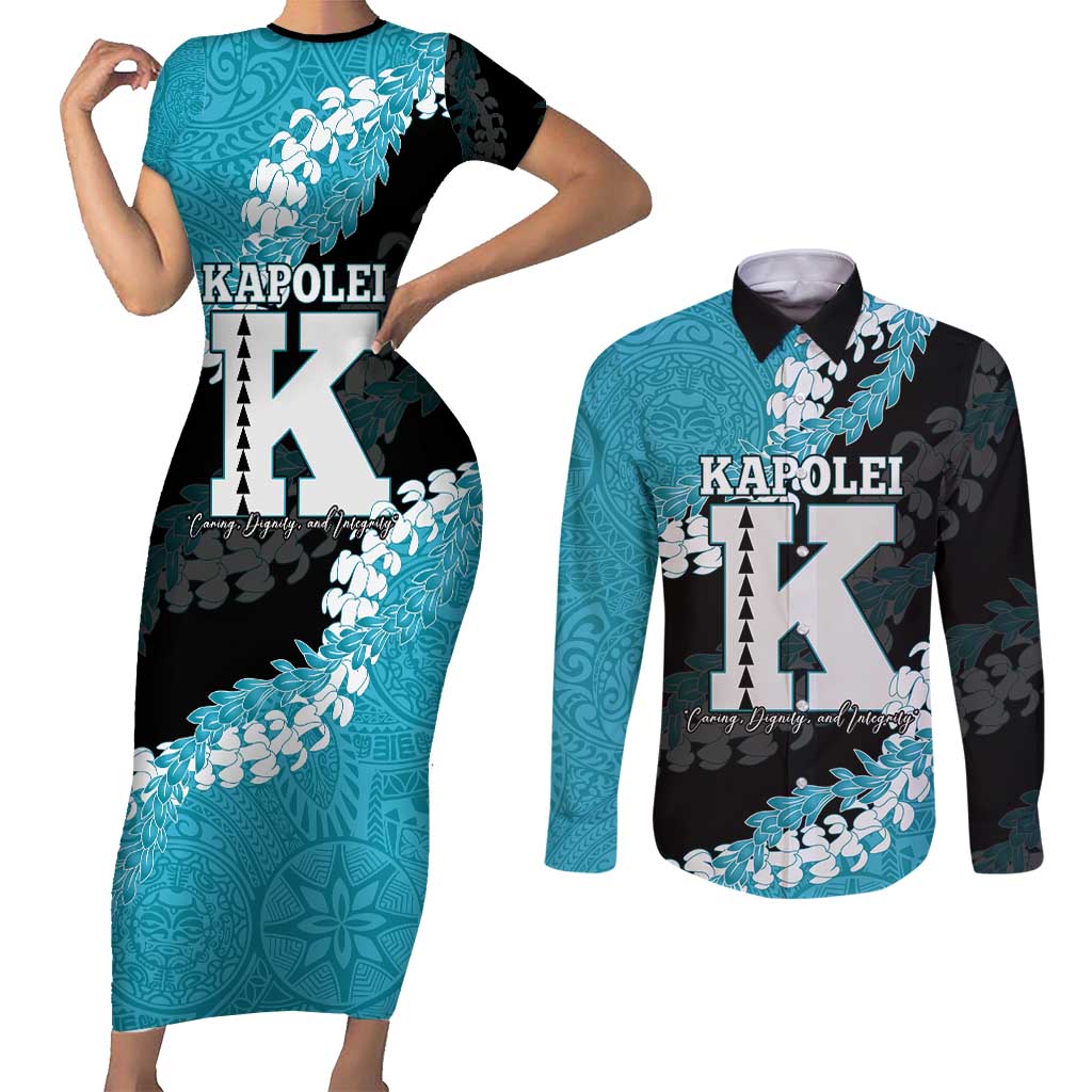Personalized Kapolei Hawaii High School Couples Matching Short Sleeve Bodycon Dress and Long Sleeve Button Shirt Puakenikeni Lei Hawaiian Pattern - Polynesian Pride