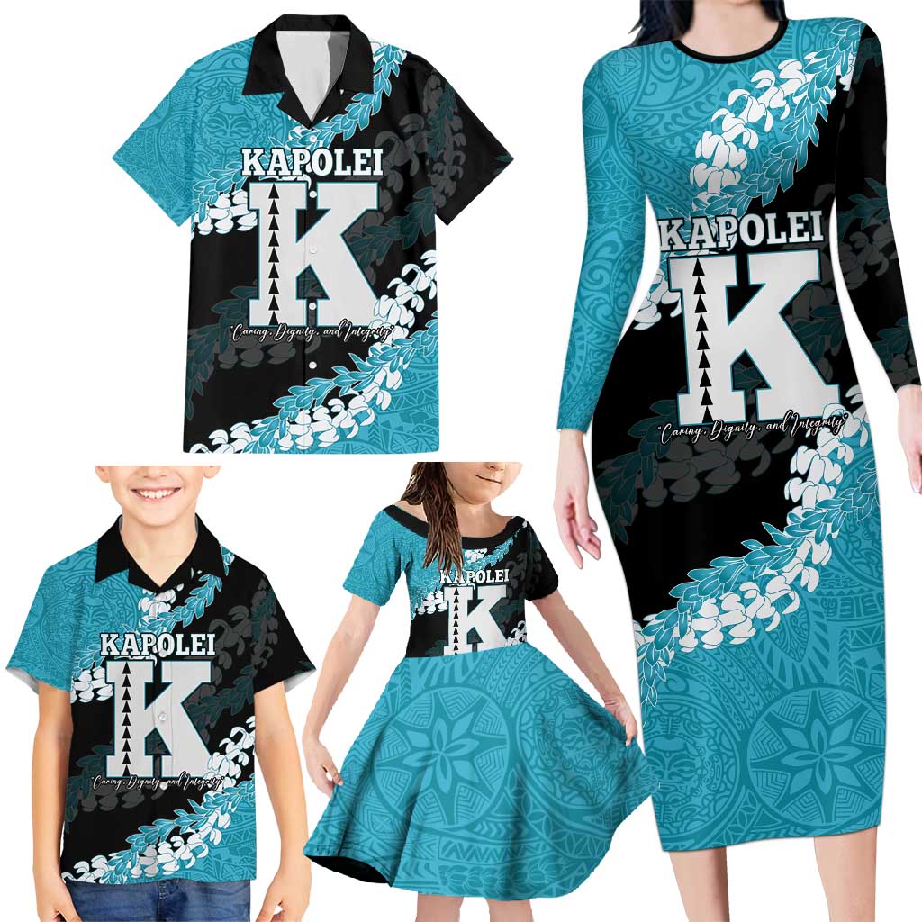 Personalized Kapolei Hawaii High School Family Matching Long Sleeve Bodycon Dress and Hawaiian Shirt Puakenikeni Lei Hawaiian Pattern - Polynesian Pride