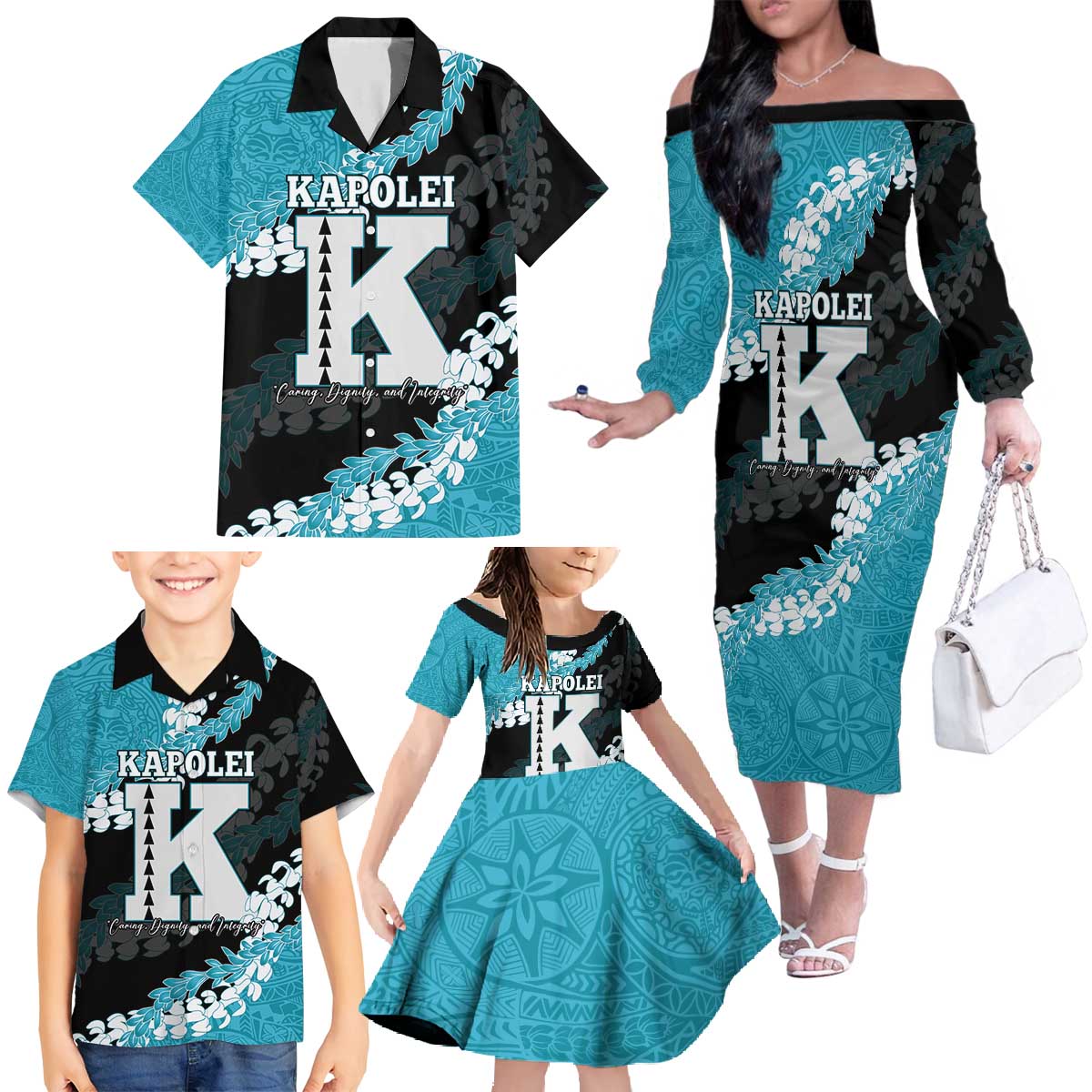 Personalized Kapolei Hawaii High School Family Matching Off The Shoulder Long Sleeve Dress and Hawaiian Shirt Puakenikeni Lei Hawaiian Pattern - Polynesian Pride