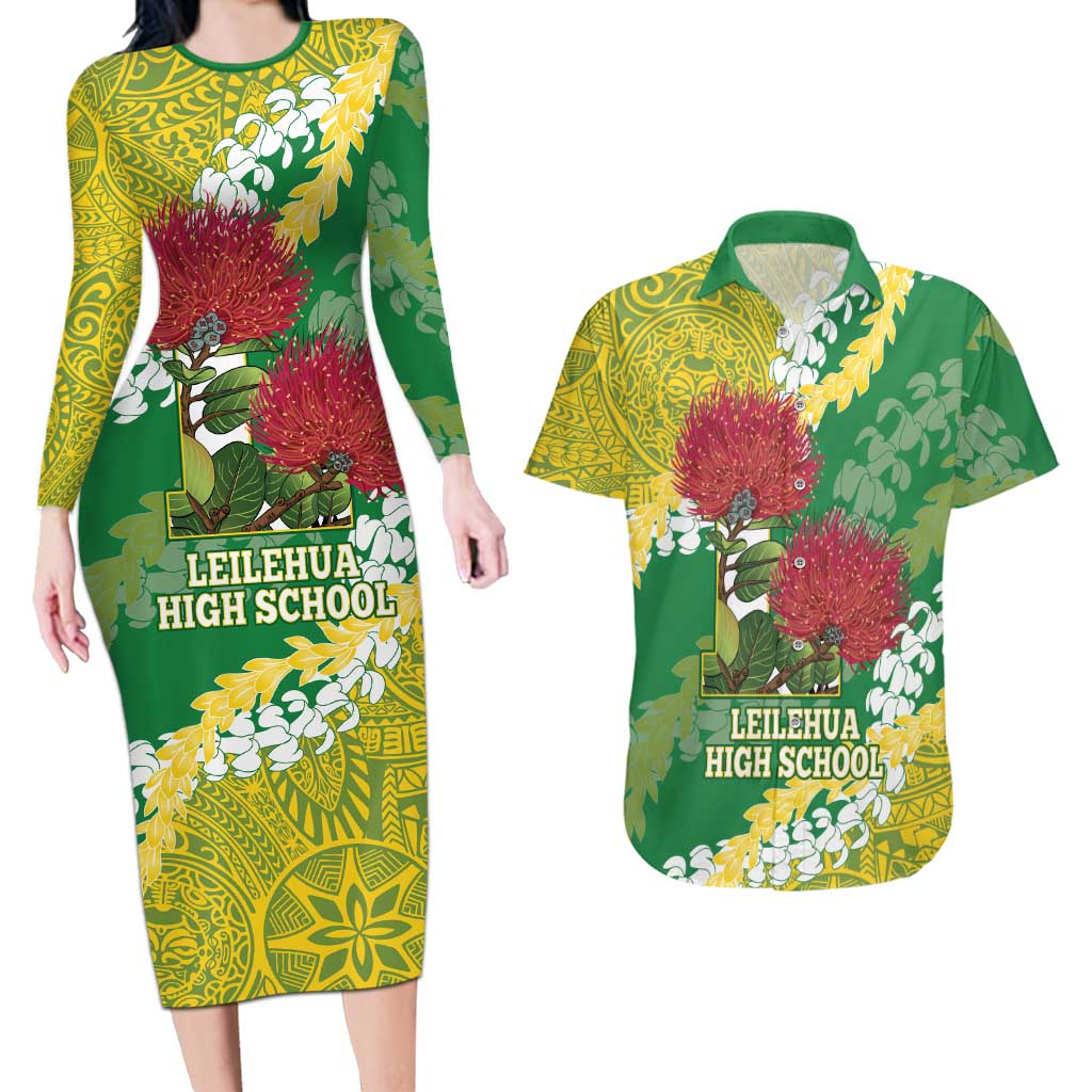 Personalized Leilehua Hawaii High School Couples Matching Long Sleeve Bodycon Dress and Hawaiian Shirt Puakenikeni Lei Hawaiian Pattern LT14 Green - Polynesian Pride