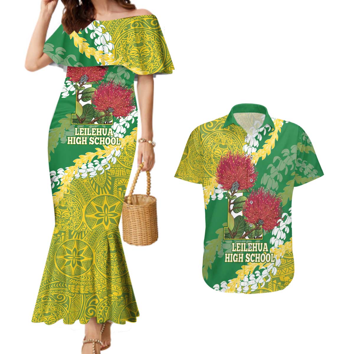 Personalized Leilehua Hawaii High School Couples Matching Mermaid Dress and Hawaiian Shirt Puakenikeni Lei Hawaiian Pattern - Polynesian Pride