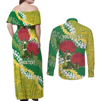 Personalized Leilehua Hawaii High School Couples Matching Off Shoulder Maxi Dress and Long Sleeve Button Shirt Puakenikeni Lei Hawaiian Pattern - Polynesian Pride