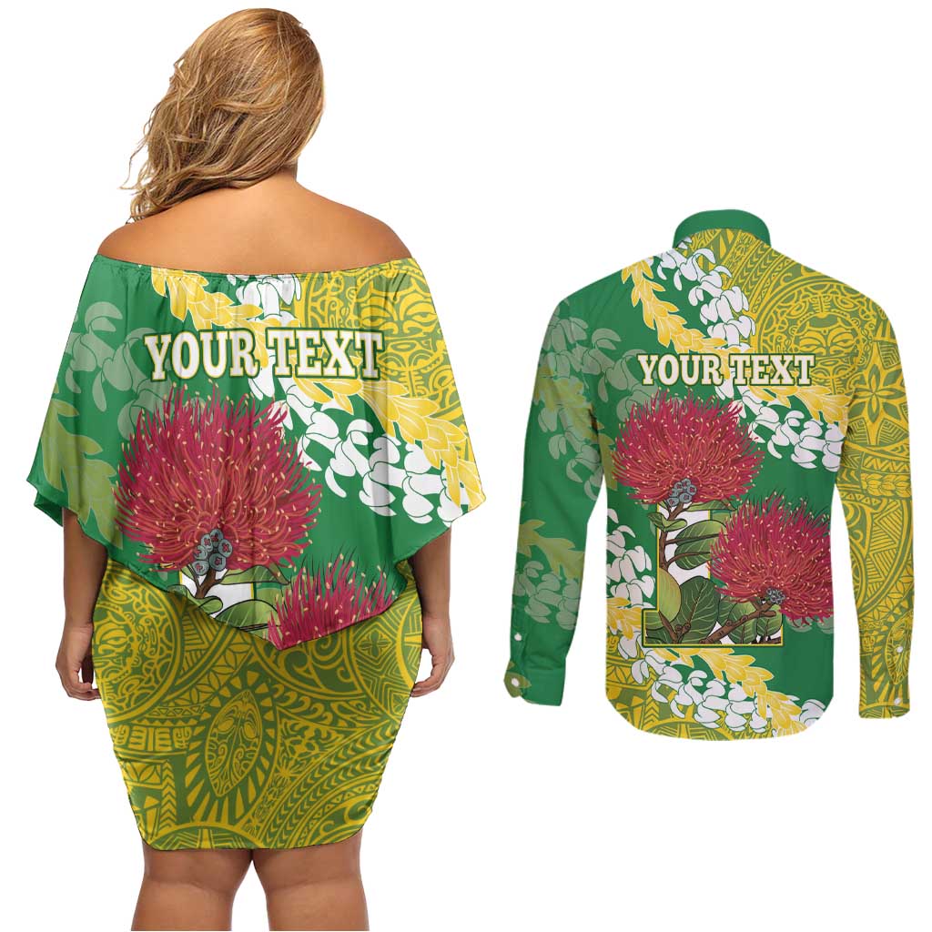 Personalized Leilehua Hawaii High School Couples Matching Off Shoulder Short Dress and Long Sleeve Button Shirt Puakenikeni Lei Hawaiian Pattern - Polynesian Pride