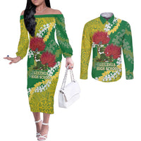 Personalized Leilehua Hawaii High School Couples Matching Off The Shoulder Long Sleeve Dress and Long Sleeve Button Shirt Puakenikeni Lei Hawaiian Pattern - Polynesian Pride