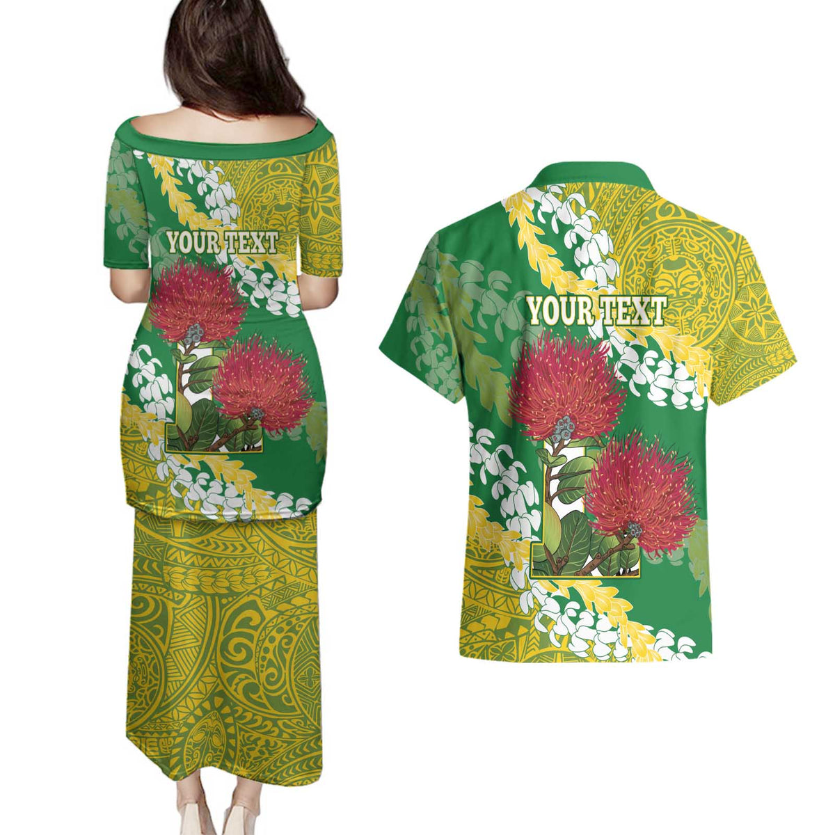 Personalized Leilehua Hawaii High School Couples Matching Puletasi and Hawaiian Shirt Puakenikeni Lei Hawaiian Pattern - Polynesian Pride
