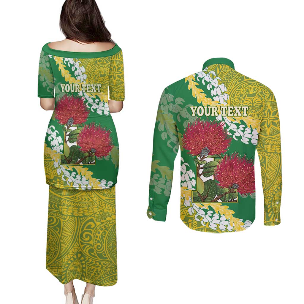 Personalized Leilehua Hawaii High School Couples Matching Puletasi and Long Sleeve Button Shirt Puakenikeni Lei Hawaiian Pattern - Polynesian Pride