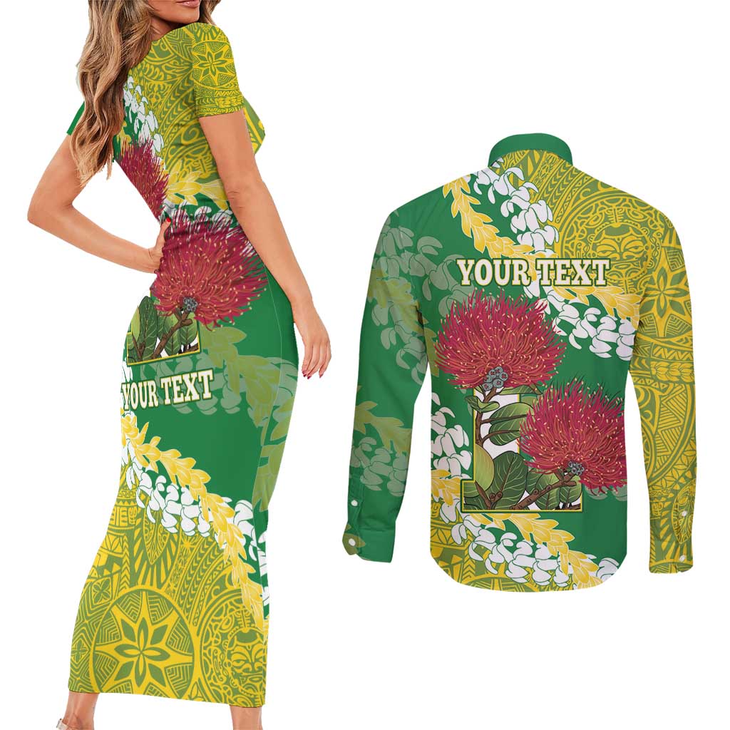 Personalized Leilehua Hawaii High School Couples Matching Short Sleeve Bodycon Dress and Long Sleeve Button Shirt Puakenikeni Lei Hawaiian Pattern - Polynesian Pride