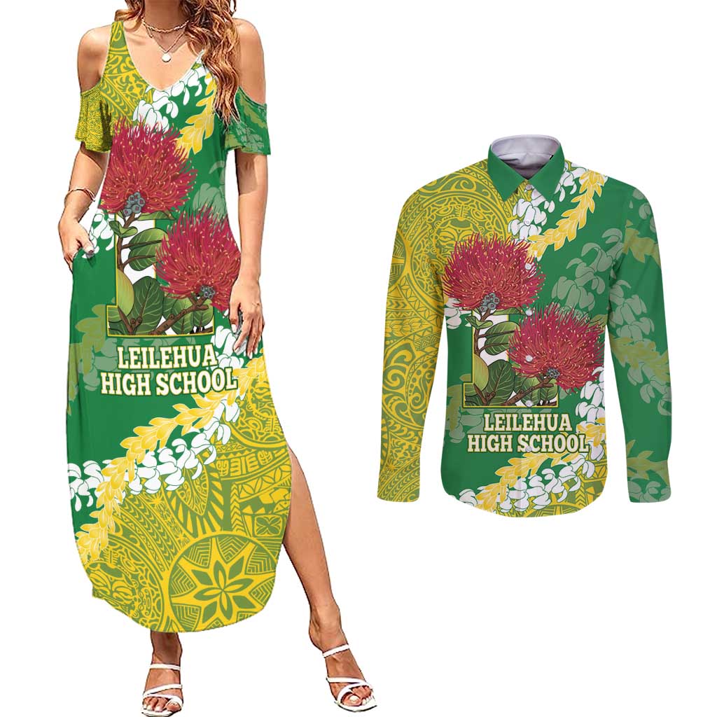 Personalized Leilehua Hawaii High School Couples Matching Summer Maxi Dress and Long Sleeve Button Shirt Puakenikeni Lei Hawaiian Pattern - Polynesian Pride