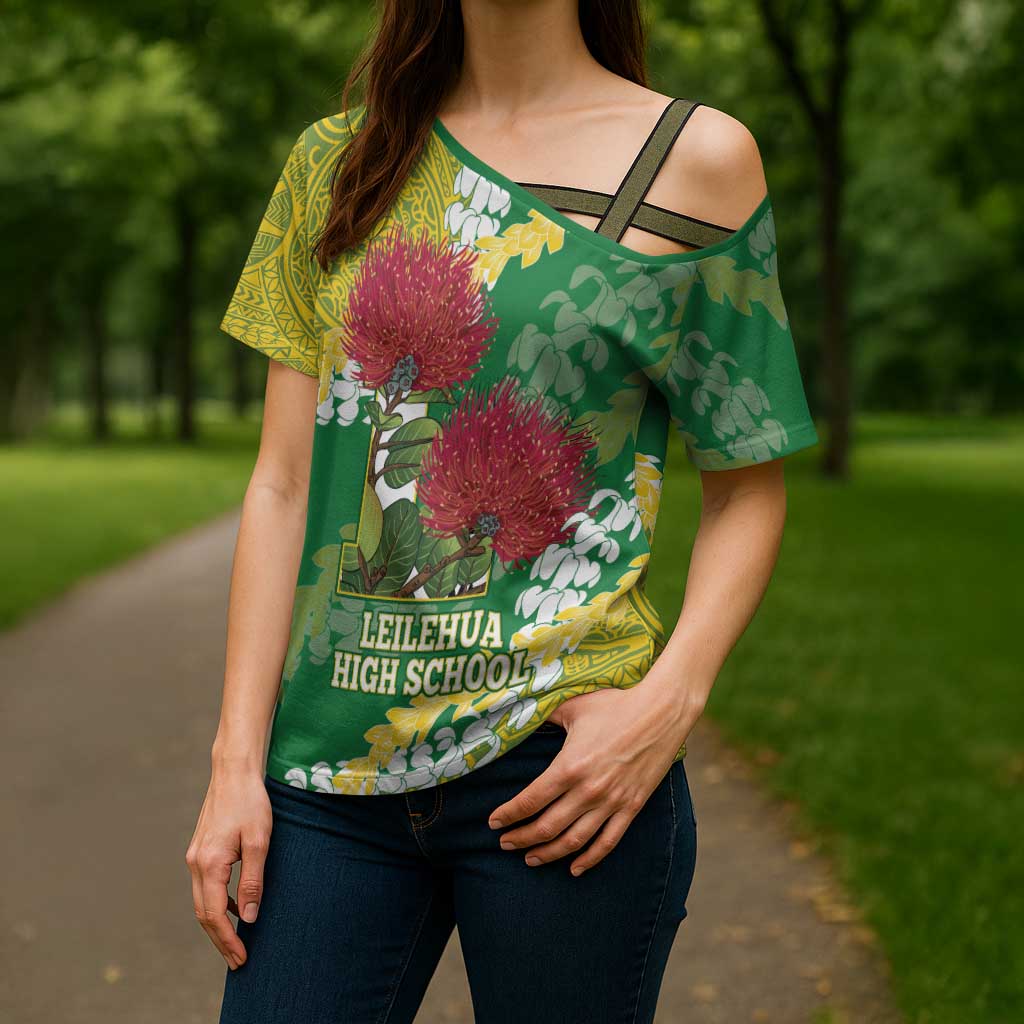 Personalized Leilehua Hawaii High School Cross Shoulder Shirt Puakenikeni Lei Hawaiian Pattern - Polynesian Pride
