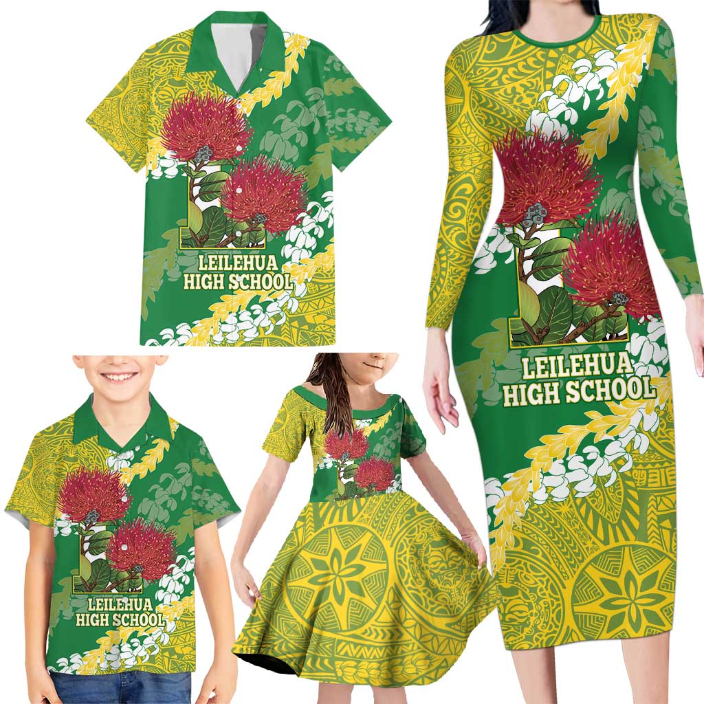 Personalized Leilehua Hawaii High School Family Matching Long Sleeve Bodycon Dress and Hawaiian Shirt Puakenikeni Lei Hawaiian Pattern - Polynesian Pride