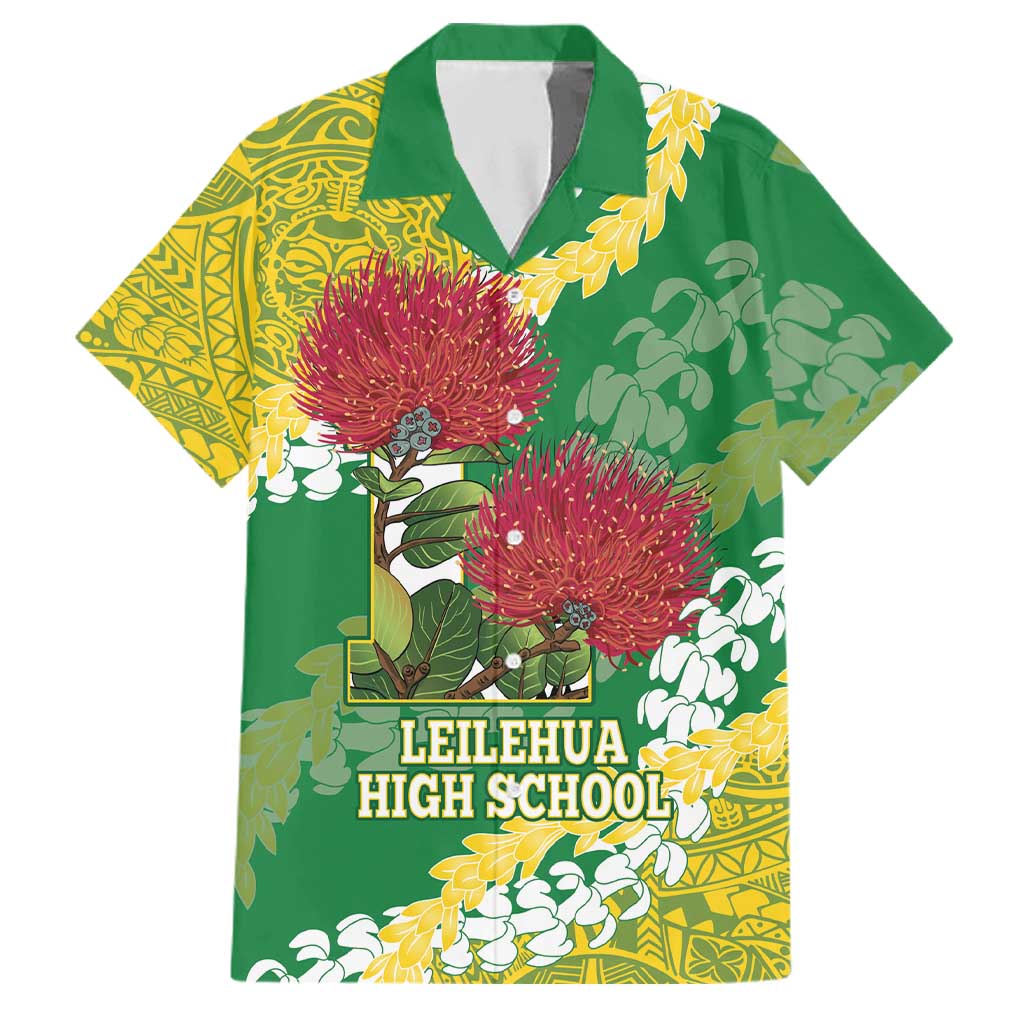 Personalized Leilehua Hawaii High School Family Matching Short Sleeve Bodycon Dress and Hawaiian Shirt Puakenikeni Lei Hawaiian Pattern LT14 Dad's Shirt - Short Sleeve Green - Polynesian Pride