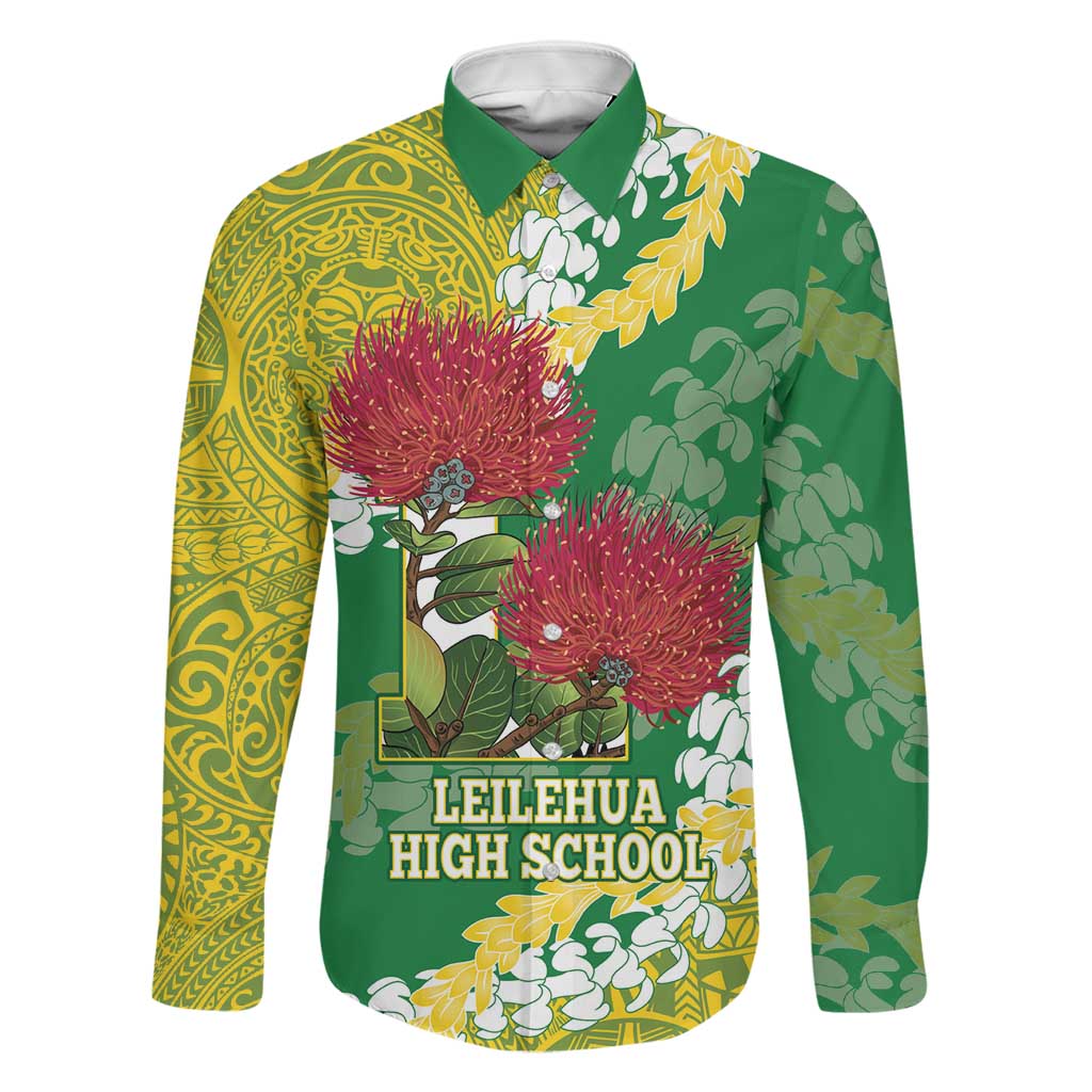 Personalized Leilehua Hawaii High School Family Matching Short Sleeve Bodycon Dress and Hawaiian Shirt Puakenikeni Lei Hawaiian Pattern LT14 Dad's Shirt - Long Sleeve Green - Polynesian Pride