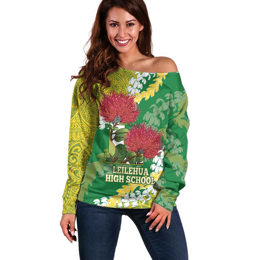 Personalized Leilehua Hawaii High School Off Shoulder Sweater Puakenikeni Lei Hawaiian Pattern - Polynesian Pride