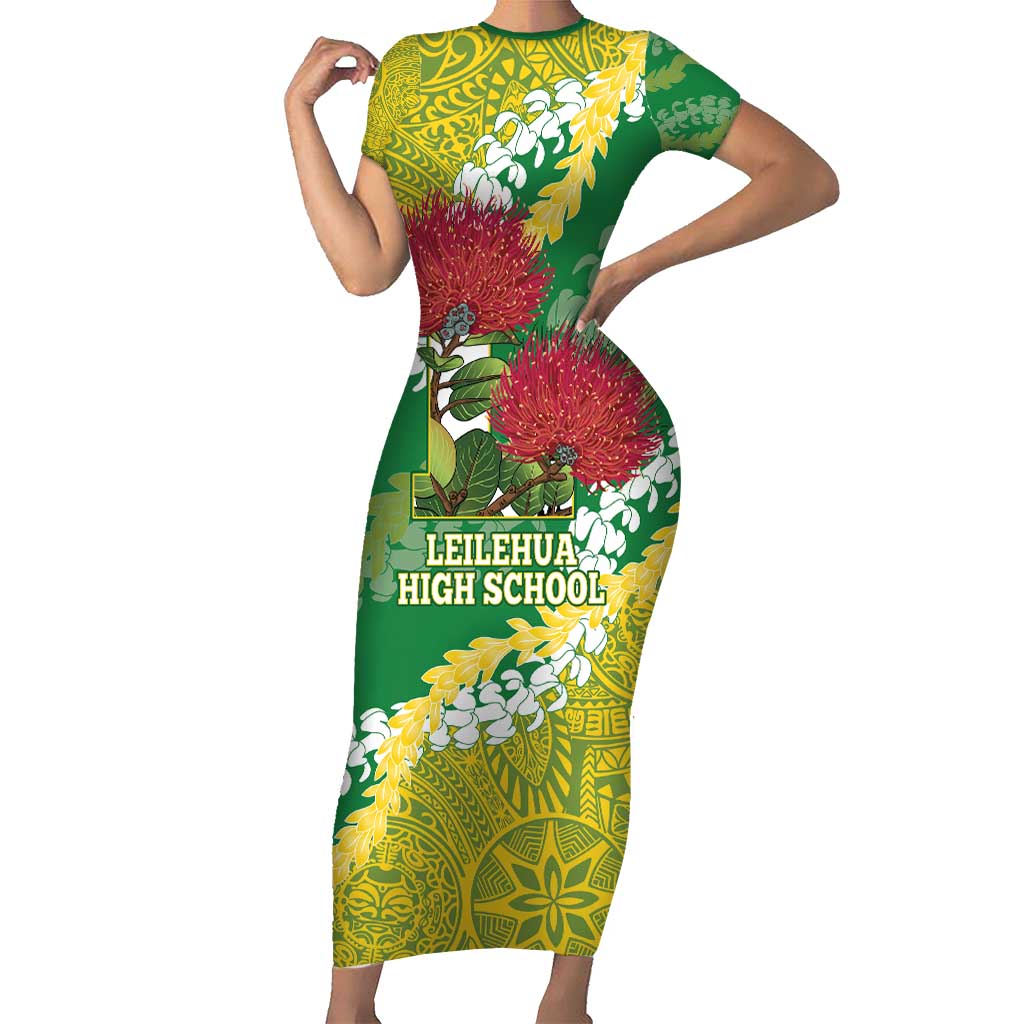 Personalized Leilehua Hawaii High School Short Sleeve Bodycon Dress Puakenikeni Lei Hawaiian Pattern - Polynesian Pride