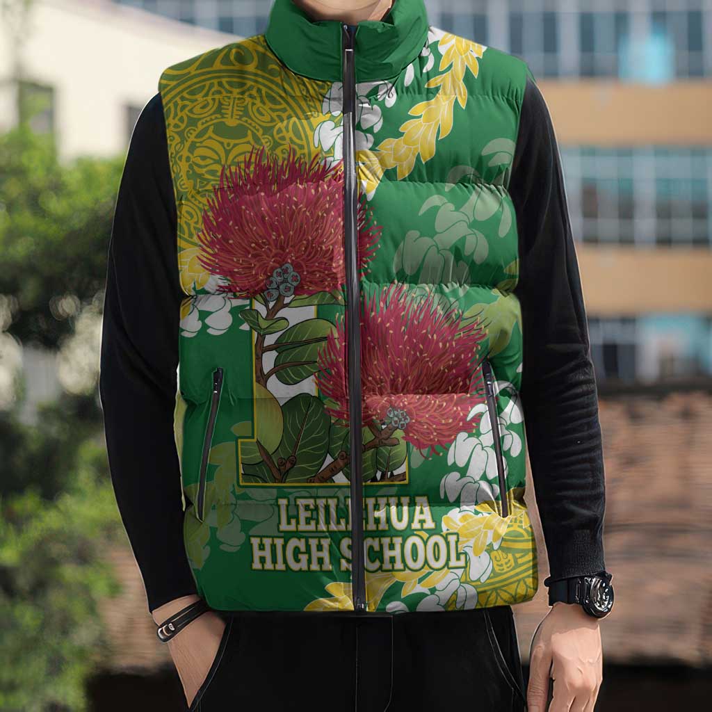 Personalized Leilehua Hawaii High School Sleeveless Puffer Jacket Puakenikeni Lei Hawaiian Pattern - Polynesian Pride