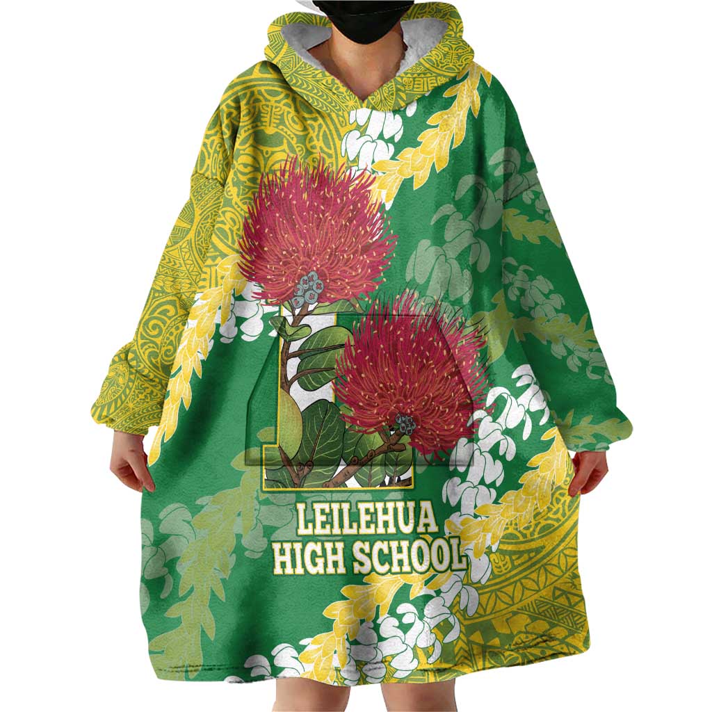 Personalized Leilehua Hawaii High School Wearable Blanket Hoodie Puakenikeni Lei Hawaiian Pattern - Polynesian Pride