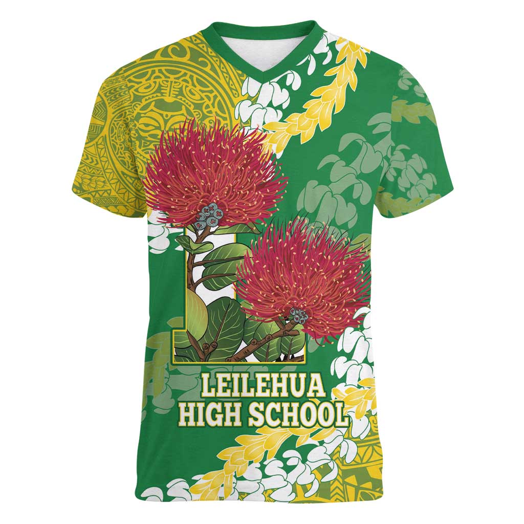 Personalized Leilehua Hawaii High School Women V-Neck T-Shirt Puakenikeni Lei Hawaiian Pattern - Polynesian Pride