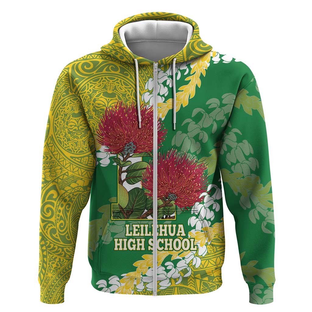Personalized Leilehua Hawaii High School Zip Hoodie Puakenikeni Lei Hawaiian Pattern - Polynesian Pride