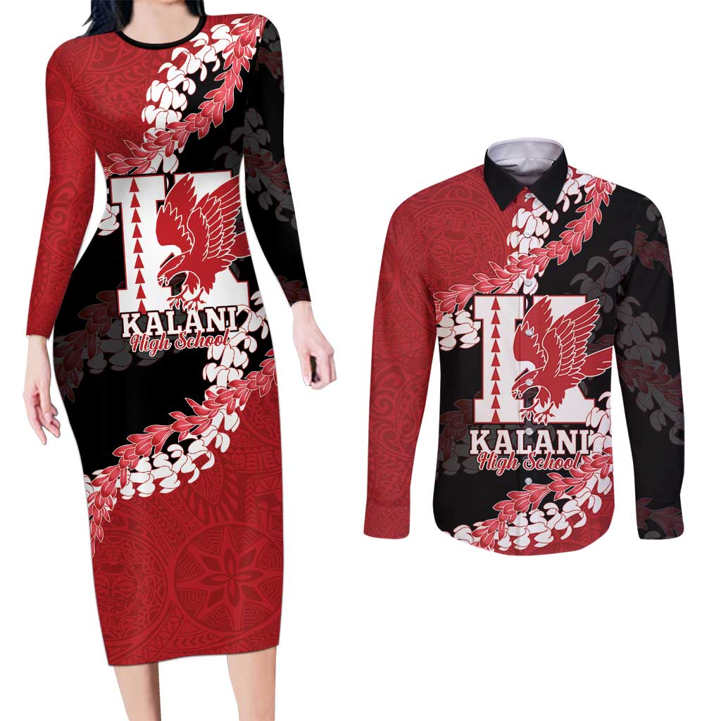 Personalized Kalani Hawaii High School Couples Matching Long Sleeve Bodycon Dress and Long Sleeve Button Shirt Puakenikeni Lei Hawaiian Pattern - Polynesian Pride