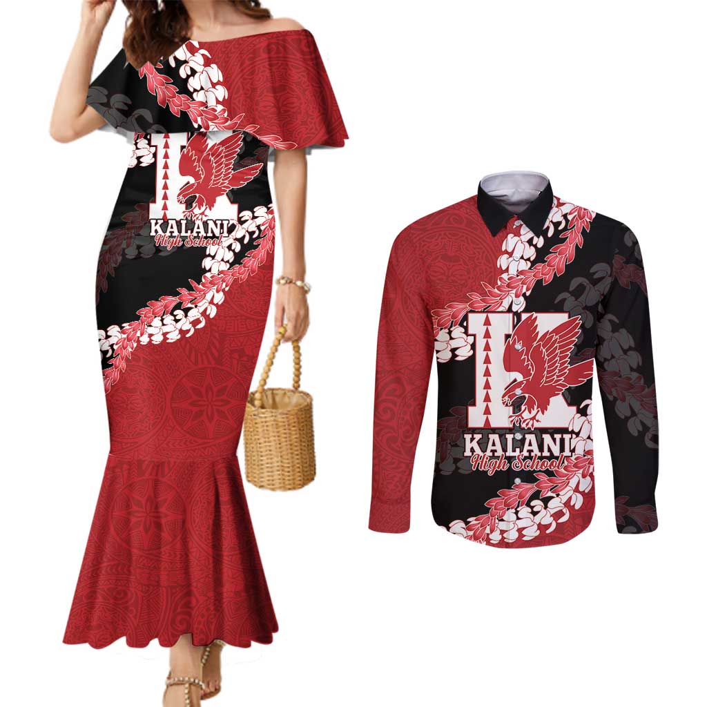 Personalized Kalani Hawaii High School Couples Matching Mermaid Dress and Long Sleeve Button Shirt Puakenikeni Lei Hawaiian Pattern - Polynesian Pride