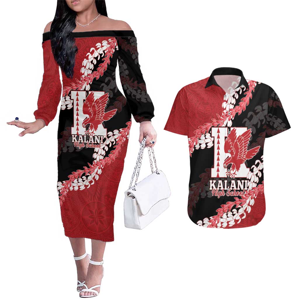 Personalized Kalani Hawaii High School Couples Matching Off The Shoulder Long Sleeve Dress and Hawaiian Shirt Puakenikeni Lei Hawaiian Pattern - Polynesian Pride
