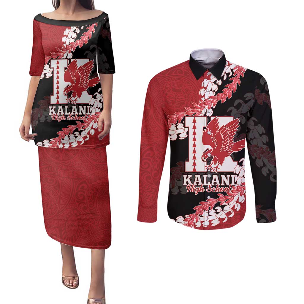 Personalized Kalani Hawaii High School Couples Matching Puletasi and Long Sleeve Button Shirt Puakenikeni Lei Hawaiian Pattern - Polynesian Pride
