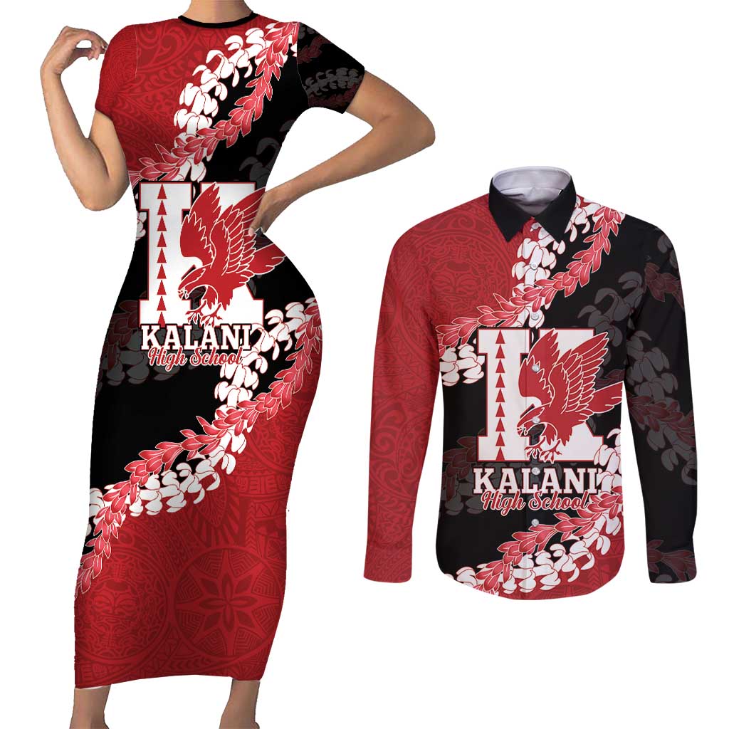 Personalized Kalani Hawaii High School Couples Matching Short Sleeve Bodycon Dress and Long Sleeve Button Shirt Puakenikeni Lei Hawaiian Pattern - Polynesian Pride