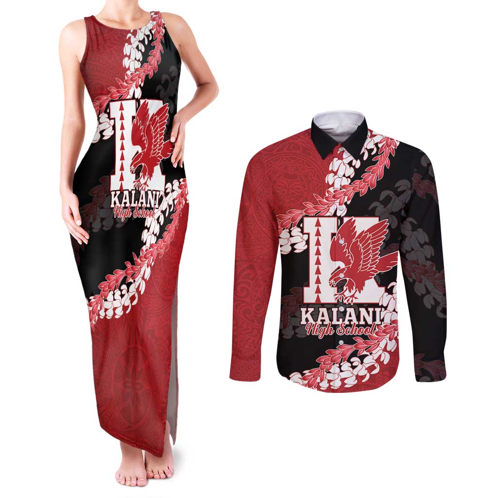 Personalized Kalani Hawaii High School Couples Matching Tank Maxi Dress and Long Sleeve Button Shirt Puakenikeni Lei Hawaiian Pattern - Polynesian Pride