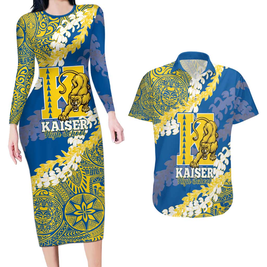 Personalized Kaiser Hawaii High School Couples Matching Long Sleeve Bodycon Dress and Hawaiian Shirt Puakenikeni Lei Hawaiian Pattern - Polynesian Pride