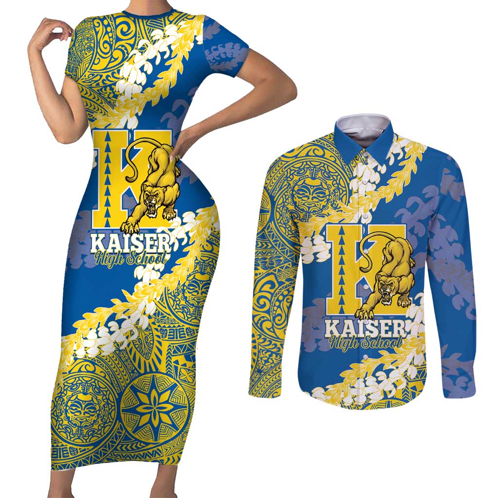 Personalized Kaiser Hawaii High School Couples Matching Short Sleeve Bodycon Dress and Long Sleeve Button Shirt Puakenikeni Lei Hawaiian Pattern - Polynesian Pride