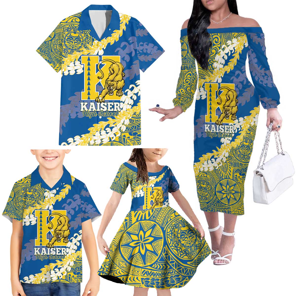 Personalized Kaiser Hawaii High School Family Matching Off The Shoulder Long Sleeve Dress and Hawaiian Shirt Puakenikeni Lei Hawaiian Pattern - Polynesian Pride