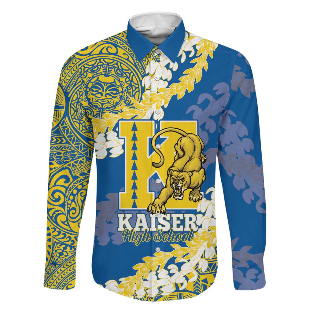 Personalized Kaiser Hawaii High School Family Matching Summer Maxi Dress and Hawaiian Shirt Puakenikeni Lei Hawaiian Pattern LT14 Dad's Shirt - Long Sleeve Blue - Polynesian Pride
