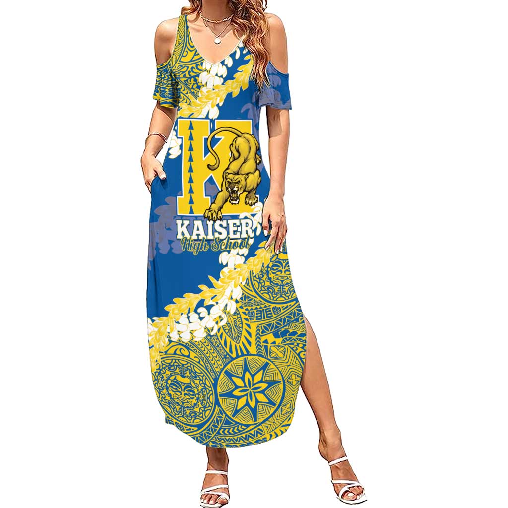 Personalized Kaiser Hawaii High School Family Matching Summer Maxi Dress and Hawaiian Shirt Puakenikeni Lei Hawaiian Pattern LT14 Mom's Dress Blue - Polynesian Pride