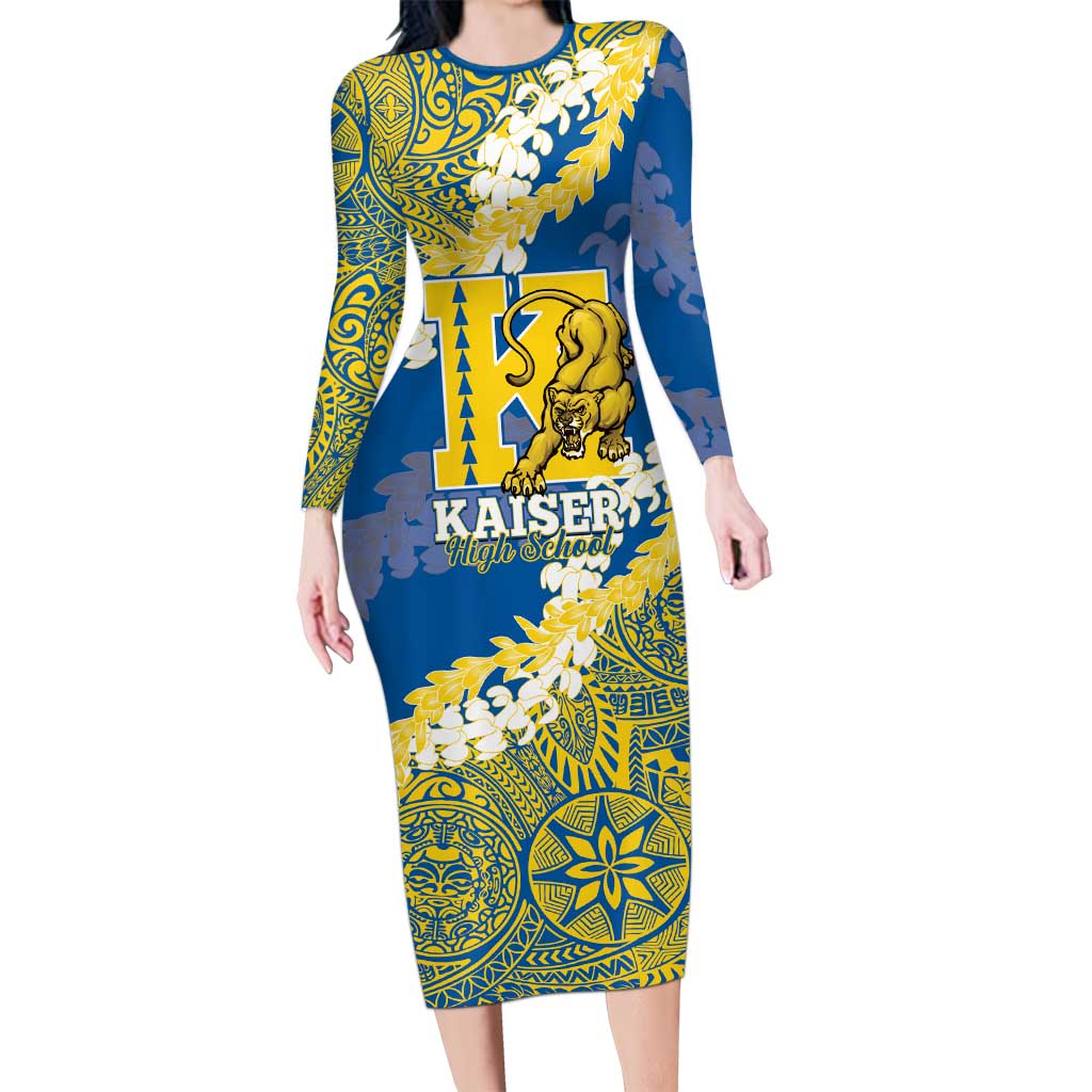 Personalized Kaiser Hawaii High School Long Sleeve Bodycon Dress Puakenikeni Lei Hawaiian Pattern - Polynesian Pride