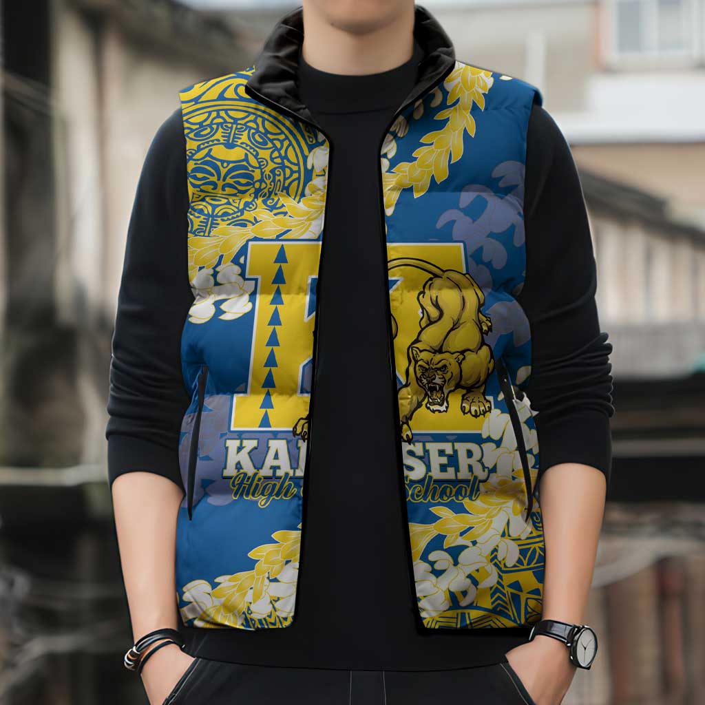 Personalized Kaiser Hawaii High School Sleeveless Puffer Jacket Puakenikeni Lei Hawaiian Pattern - Polynesian Pride
