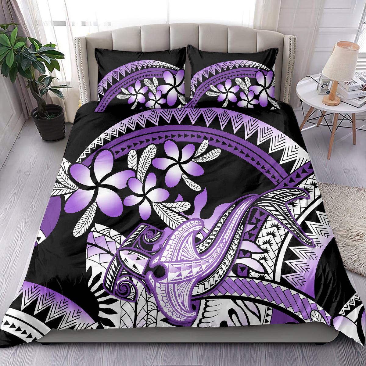 Purple Polynesian Bedding Set Hammerhead Shark Tattoo Royal Plumeria Gradient Vibes LT14 - Polynesian Pride