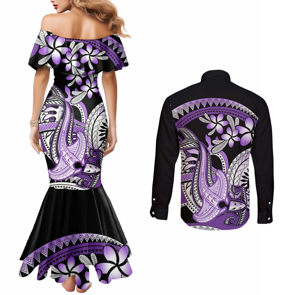 Purple Polynesian Couples Matching Mermaid Dress and Long Sleeve Button Shirt Hammerhead Shark Tattoo Royal Plumeria Gradient Vibes LT14 - Polynesian Pride