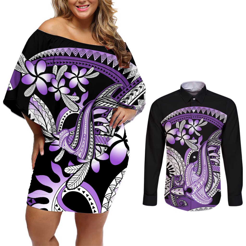 Purple Polynesian Couples Matching Off Shoulder Short Dress and Long Sleeve Button Shirt Hammerhead Shark Tattoo Royal Plumeria Gradient Vibes LT14 Purple - Polynesian Pride
